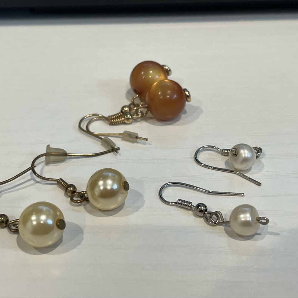 Vintage Single Bead Pierced Dangle Earrings Lot 3 pairs pearls brown stones
